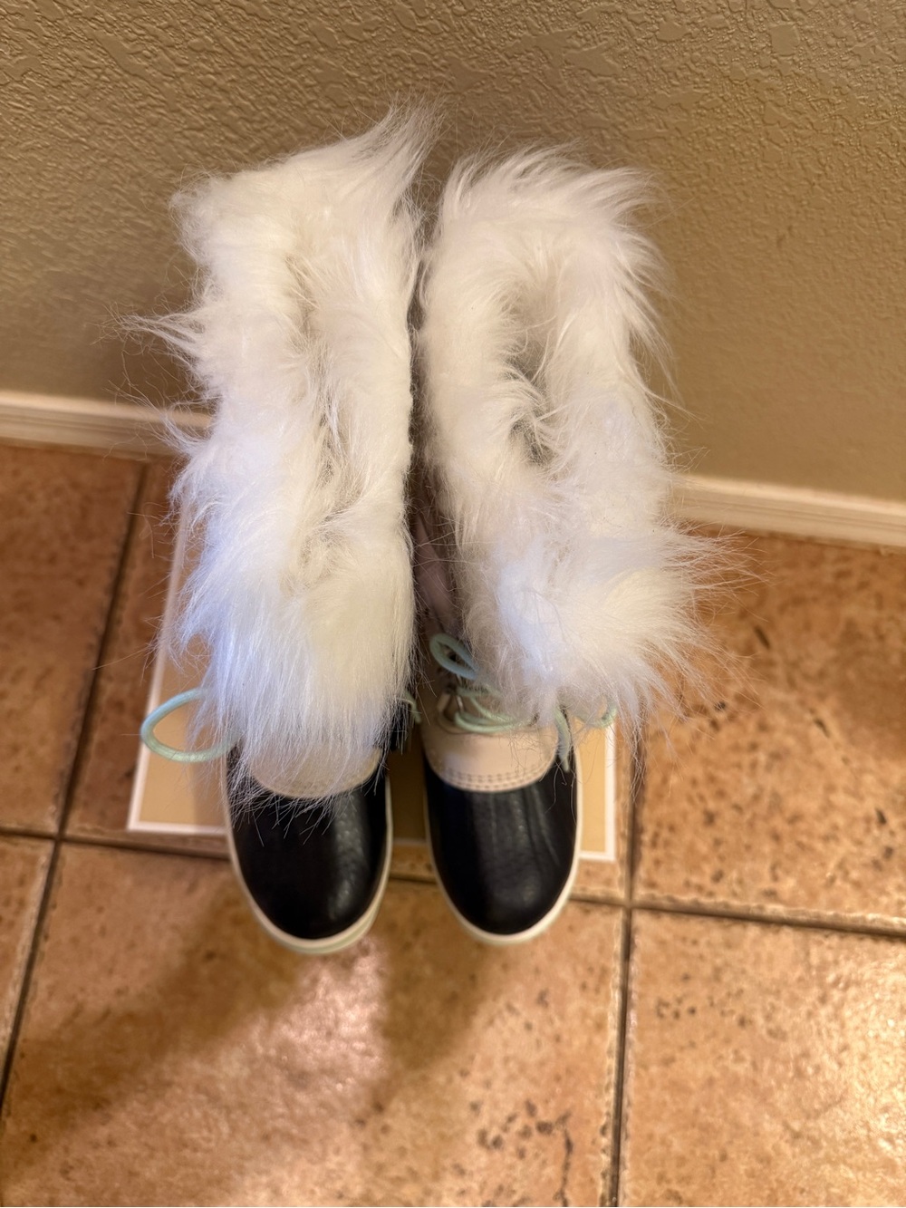 Sorel Black, White and Mint Faux-Fur Ankle Booties